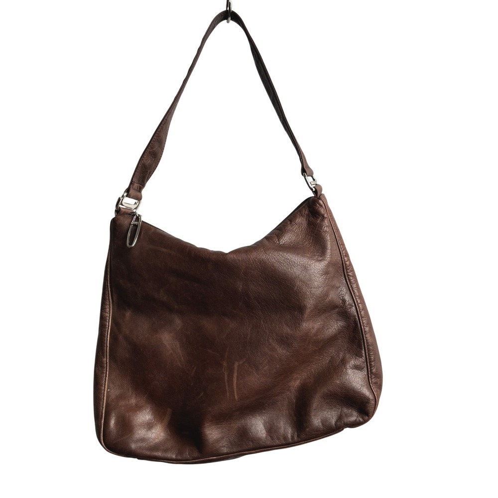 Vintage DKNY Brown Leather Hobo Shoulder Bag Minimalist Y2K Purse Boxy Slouchy